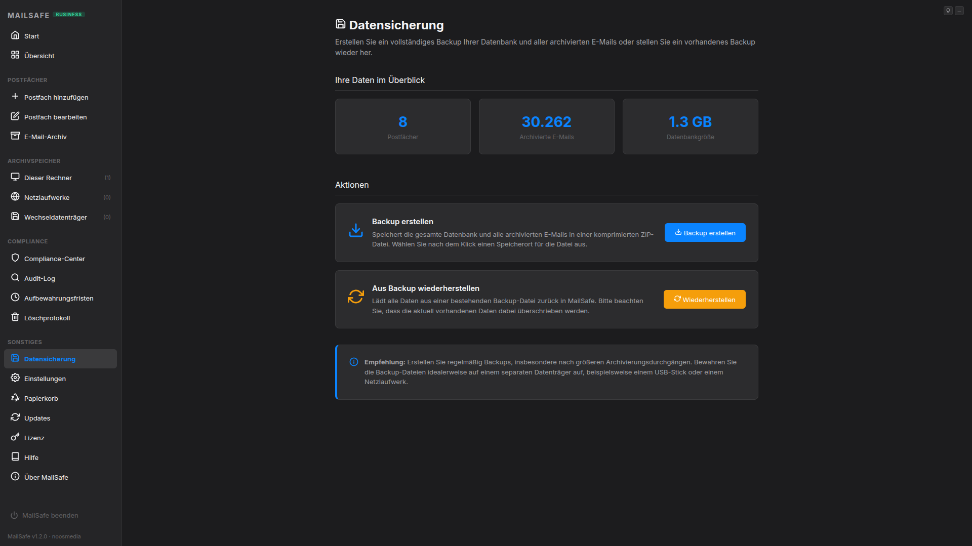 MailSafe Datensicherung – Dunkles Design