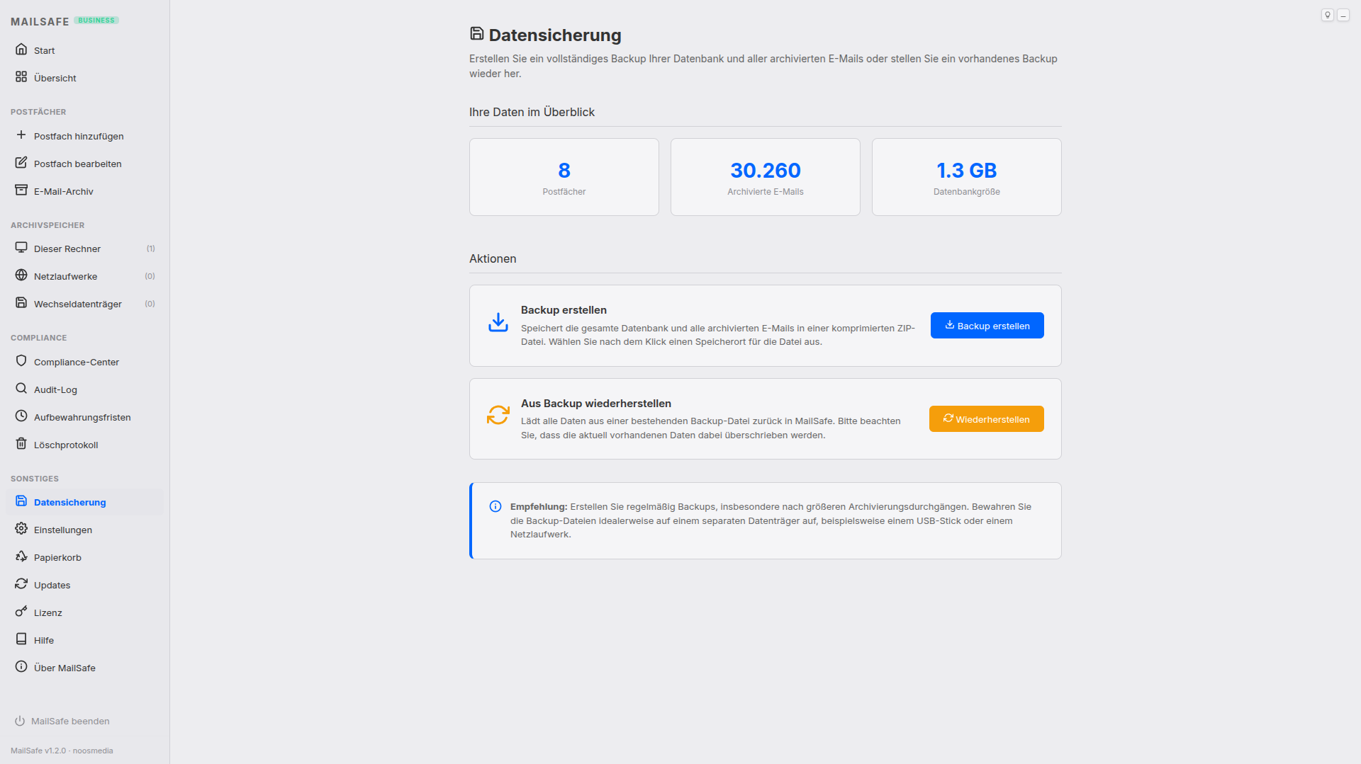 MailSafe Datensicherung – Helles Design
