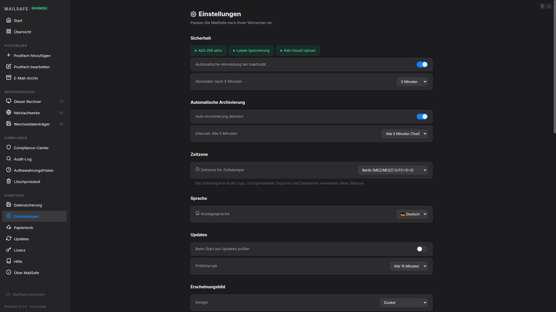 MailSafe Einstellungen – Dunkles Design
