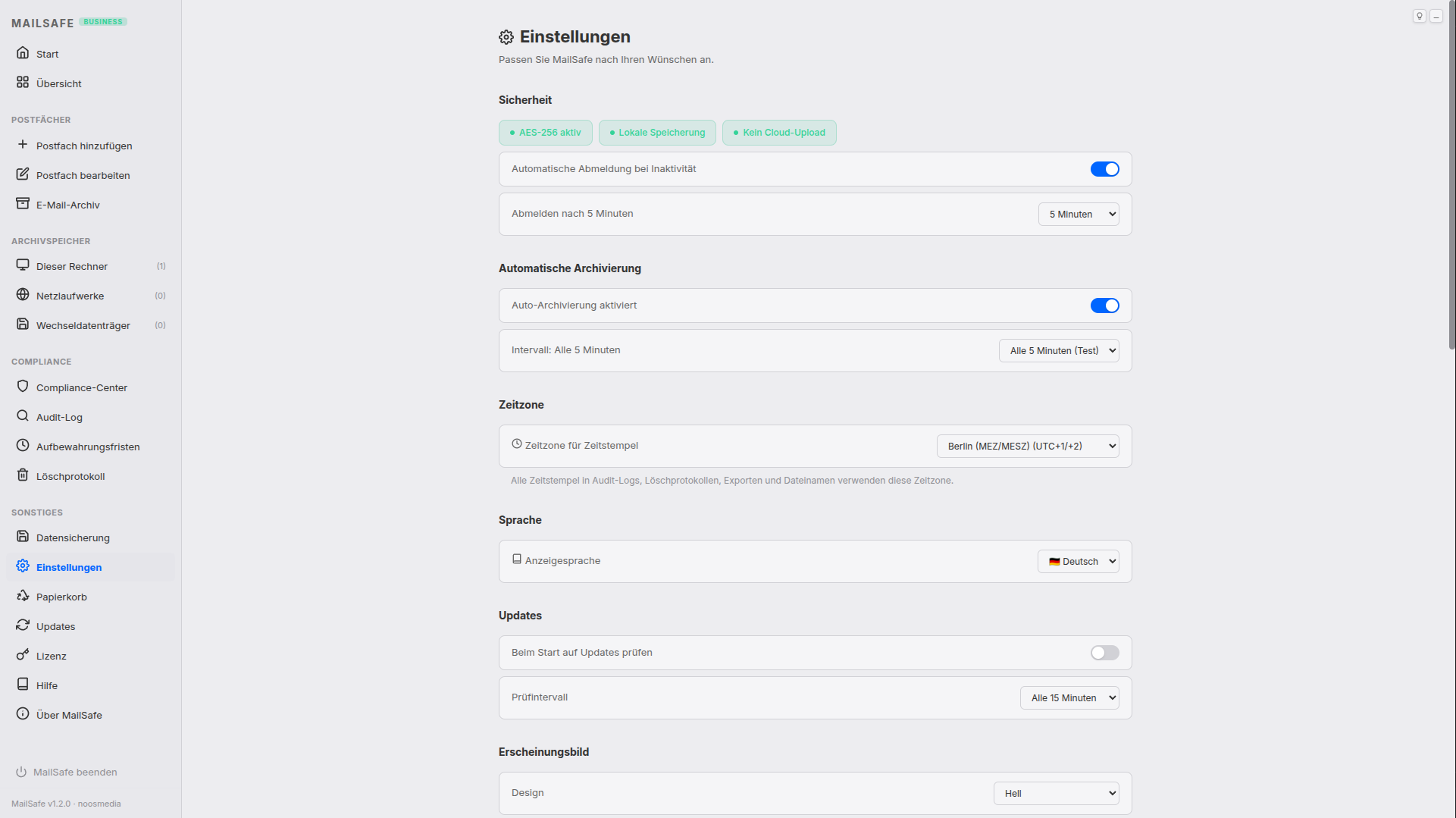 MailSafe Einstellungen – Helles Design